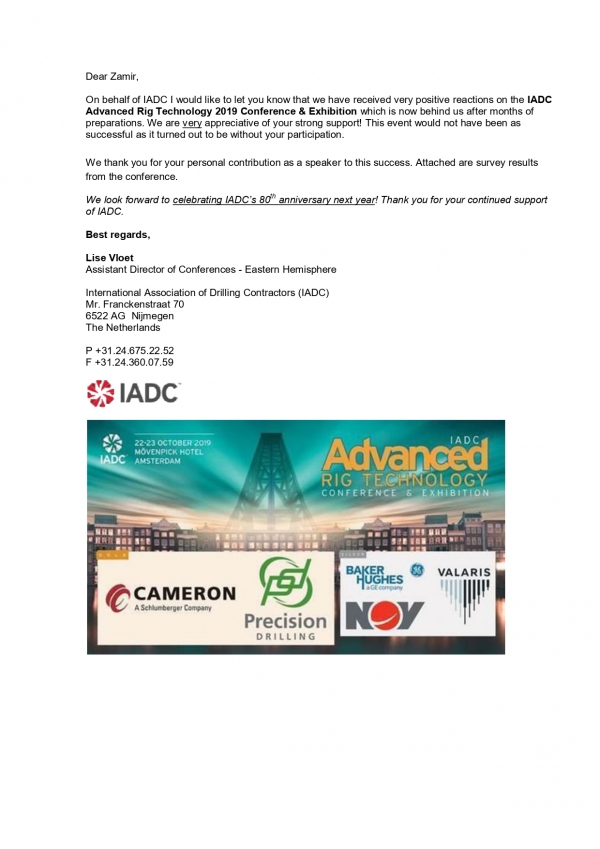 Генеральный директор &quot;Буровой Компании ПНГ&quot; Замир Абдуллаев получил благодарственное письмо от IADC